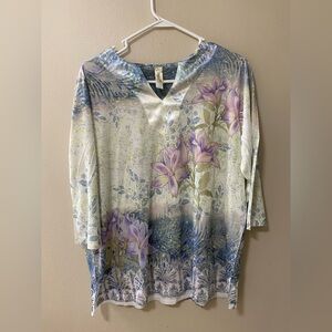 Endless Designs womens large blouse floral lilac blue v-neck modest spring top